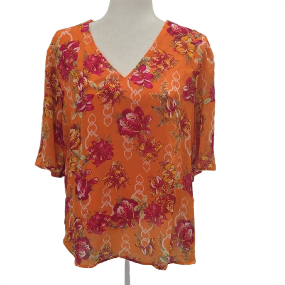 JM Collection Floral V-Neck Blouse - Orange and Pink